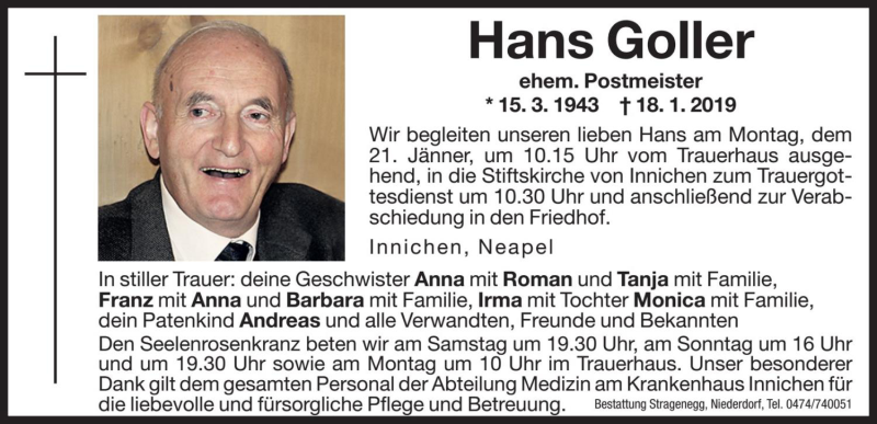  Traueranzeige für Hans Goller vom 19.01.2019 aus Dolomiten
