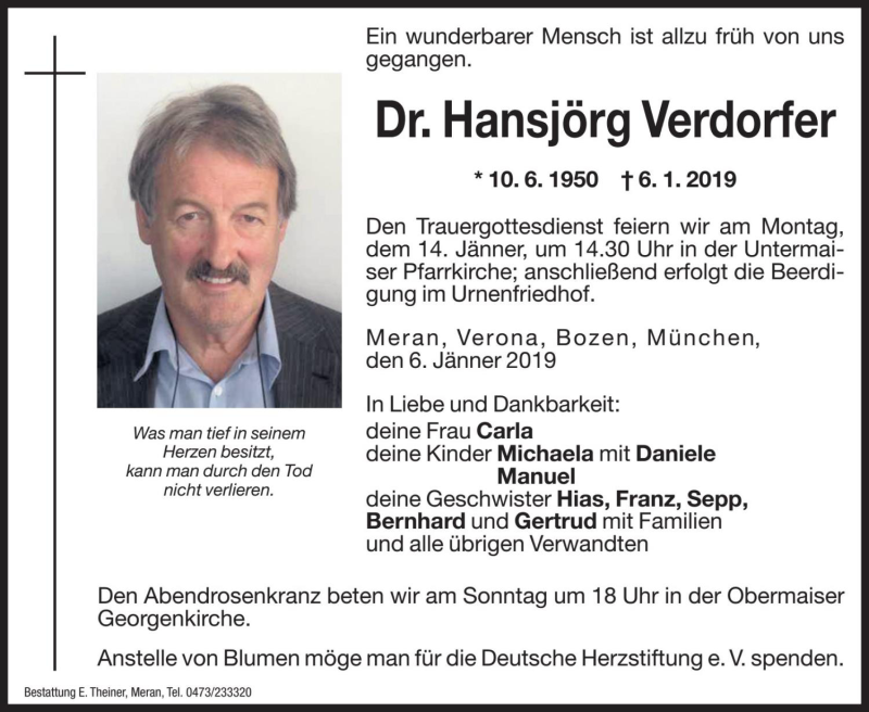  Traueranzeige für Hansjörg Verdorfer vom 11.01.2019 aus Dolomiten