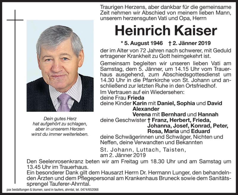  Traueranzeige für Heinrich Kaiser vom 04.01.2019 aus Dolomiten
