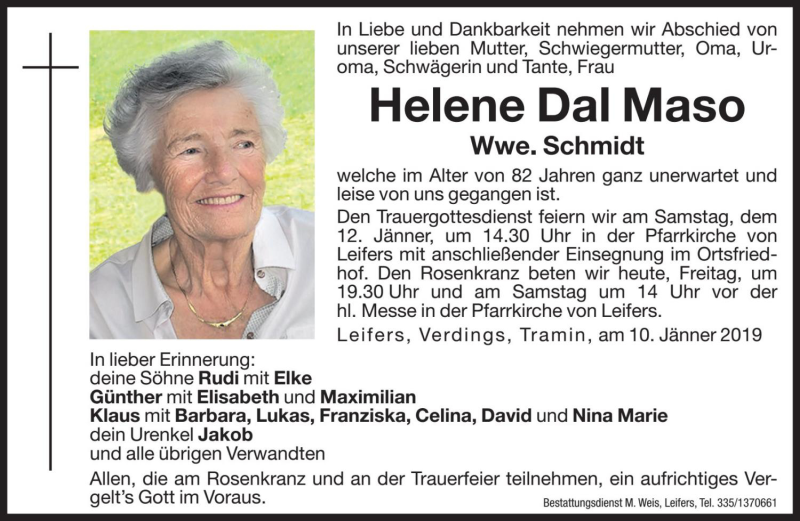  Traueranzeige für Helene Schmidt vom 11.01.2019 aus Dolomiten