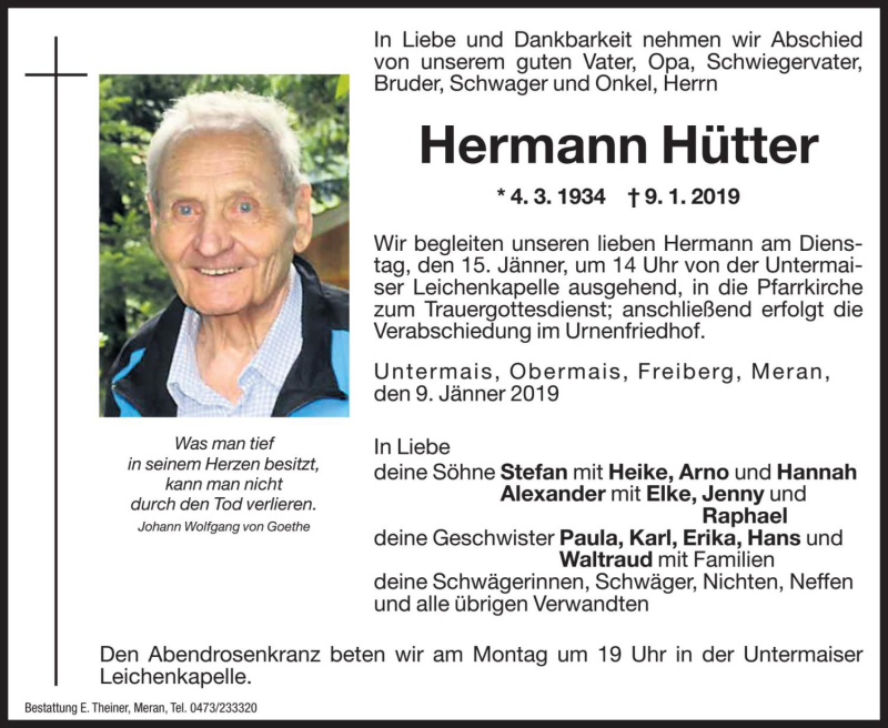  Traueranzeige für Hermann Hütter vom 12.01.2019 aus Dolomiten