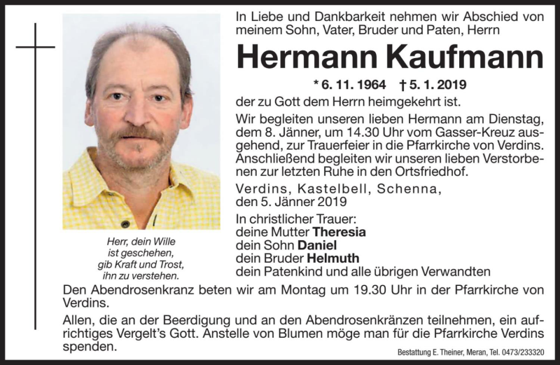 Traueranzeige für Hermann Kaufmann vom 07.01.2019 aus Dolomiten