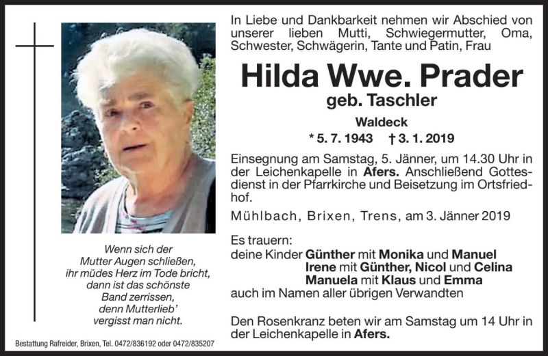  Traueranzeige für Hilda Prader vom 04.01.2019 aus Dolomiten