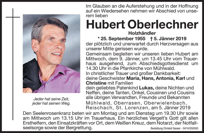  Traueranzeige für Hubert Oberlechner vom 07.01.2019 aus Dolomiten