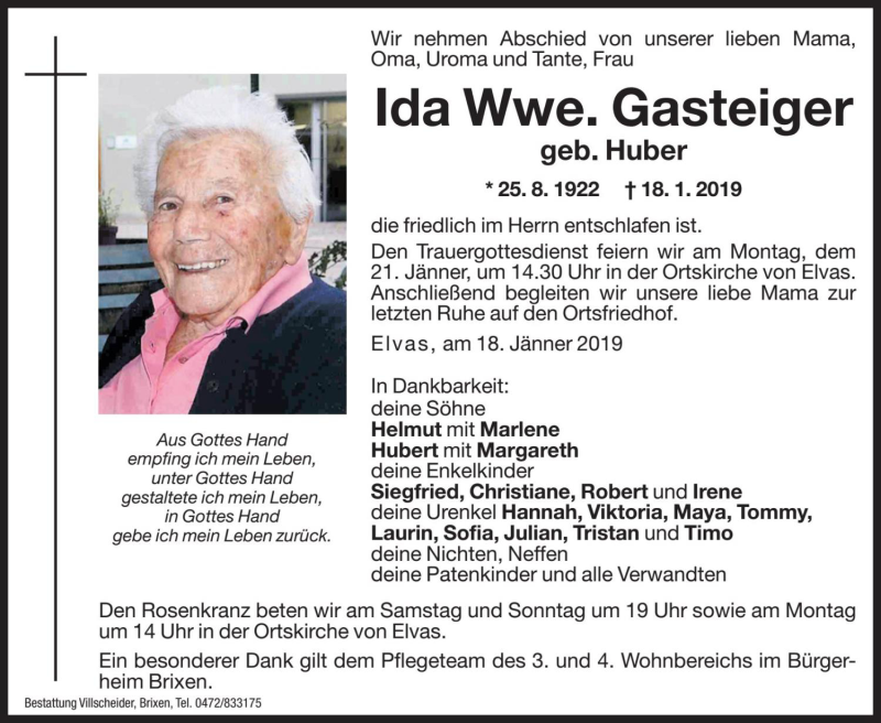  Traueranzeige für Ida Gasteiger vom 19.01.2019 aus Dolomiten