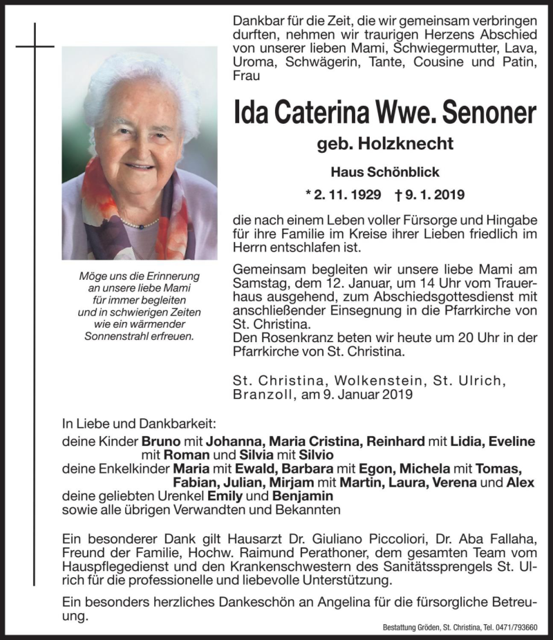  Traueranzeige für Ida Caterina Senoner vom 11.01.2019 aus Dolomiten