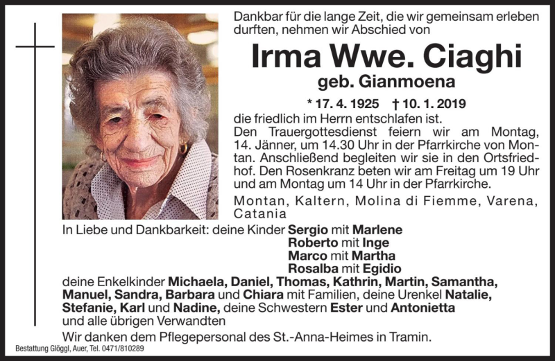  Traueranzeige für Irma Ciaghi vom 11.01.2019 aus Dolomiten