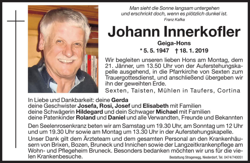  Traueranzeige für Johann Innerkofler vom 19.01.2019 aus Dolomiten
