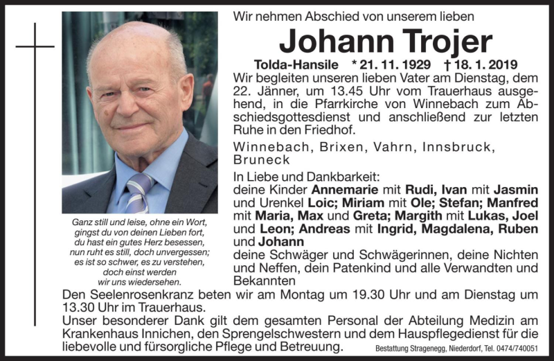  Traueranzeige für Johann Trojer vom 21.01.2019 aus Dolomiten
