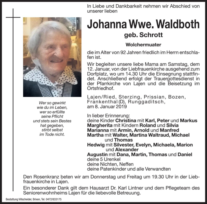  Traueranzeige für Johanna Waldboth vom 10.01.2019 aus Dolomiten