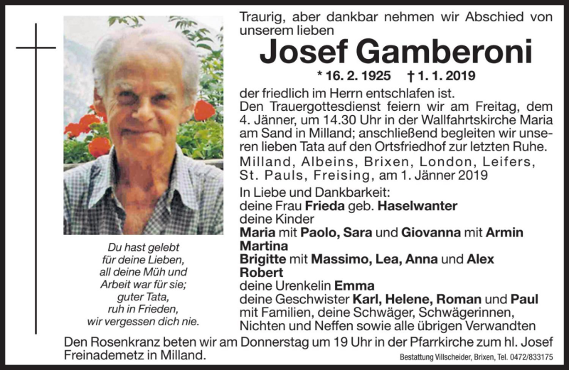  Traueranzeige für Josef Gamberoni vom 03.01.2019 aus Dolomiten