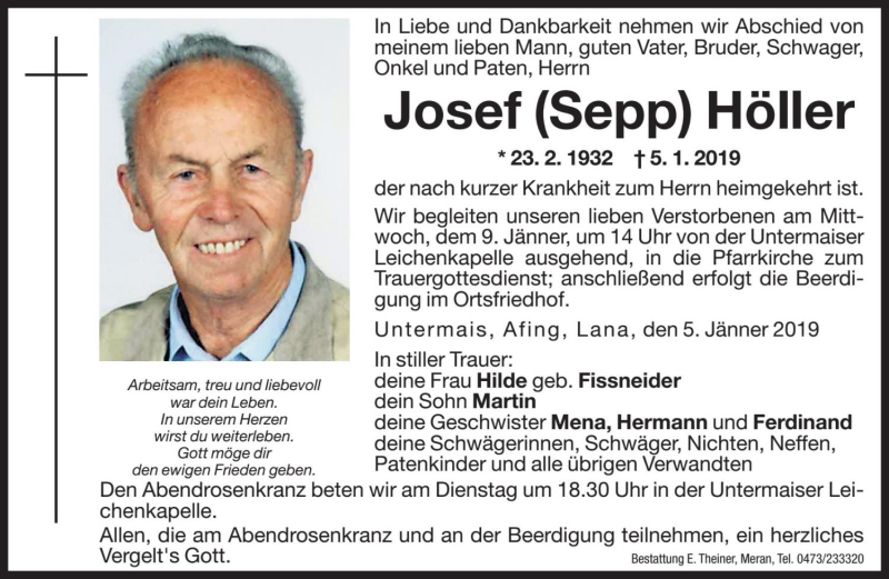  Traueranzeige für Josef Höller vom 07.01.2019 aus Dolomiten