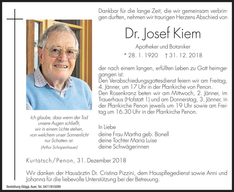  Traueranzeige für Josef Kiem vom 02.01.2019 aus Dolomiten