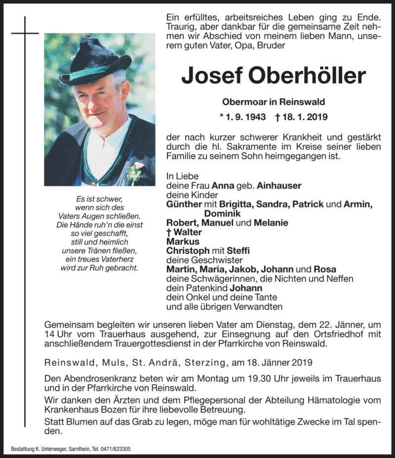  Traueranzeige für Josef Oberhöller vom 21.01.2019 aus Dolomiten