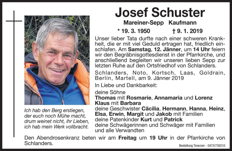  Traueranzeige für Josef Schuster vom 11.01.2019 aus Dolomiten