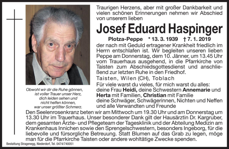  Traueranzeige für Josef Eduard Haspinger vom 09.01.2019 aus Dolomiten