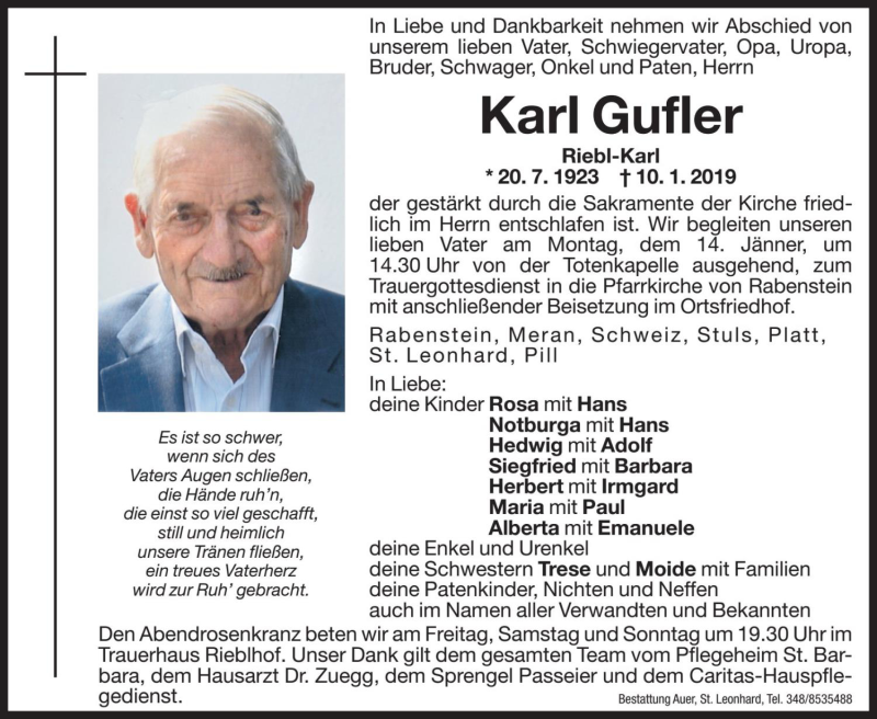 Traueranzeige für Karl Gufler  vom 11.01.2019 aus Dolomiten