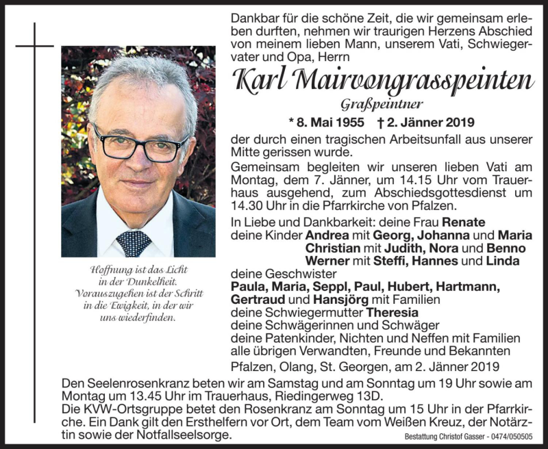  Traueranzeige für Karl Mairvongrasspeinten vom 05.01.2019 aus Dolomiten