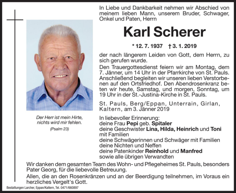  Traueranzeige für Karl Scherer vom 05.01.2019 aus Dolomiten