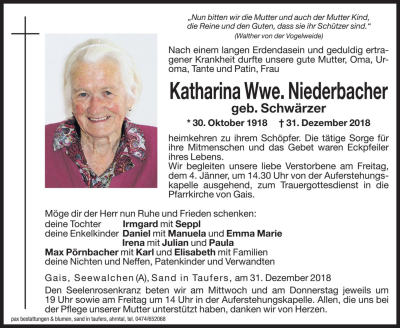  Traueranzeige für Katharina Niederbacher vom 02.01.2019 aus Dolomiten
