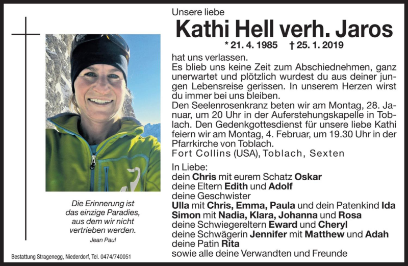  Traueranzeige für Kathi Jaros vom 28.01.2019 aus Dolomiten