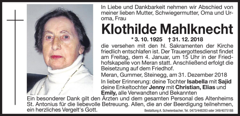  Traueranzeige für Klothilde Mahlknecht vom 03.01.2019 aus Dolomiten