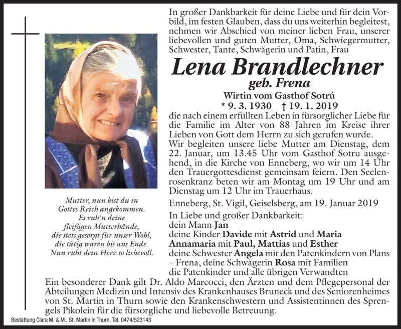  Traueranzeige für Lena Brandlechner vom 21.01.2019 aus Dolomiten