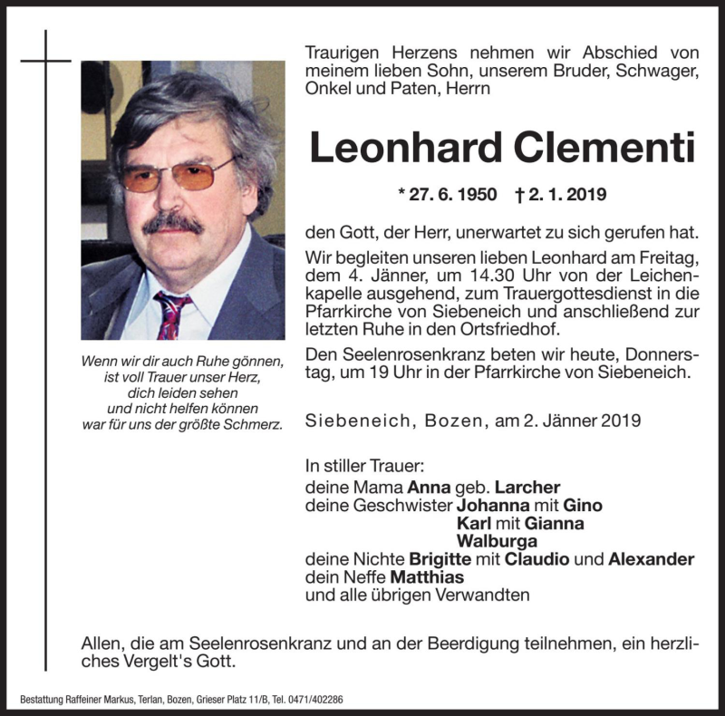  Traueranzeige für Leonhard Clementi vom 03.01.2019 aus Dolomiten