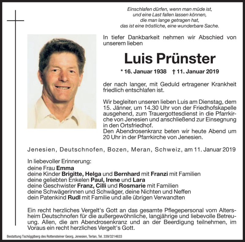  Traueranzeige für Luis Prünster vom 14.01.2019 aus Dolomiten