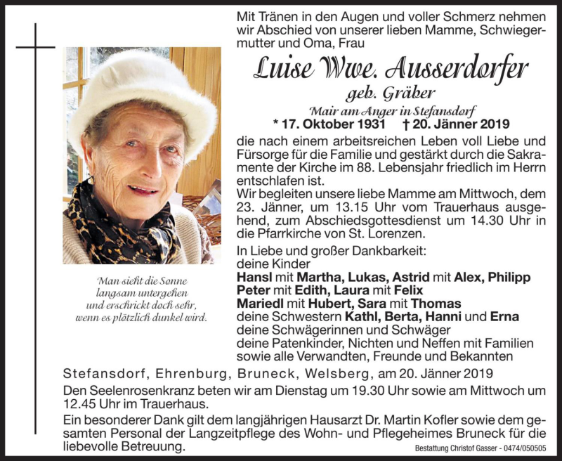  Traueranzeige für Luise Ausserdorfer vom 22.01.2019 aus Dolomiten