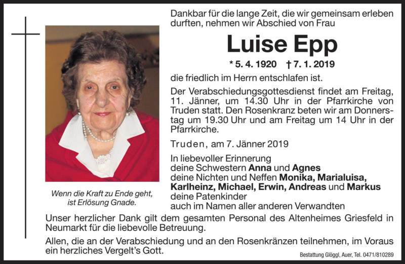  Traueranzeige für Luise Epp vom 09.01.2019 aus Dolomiten