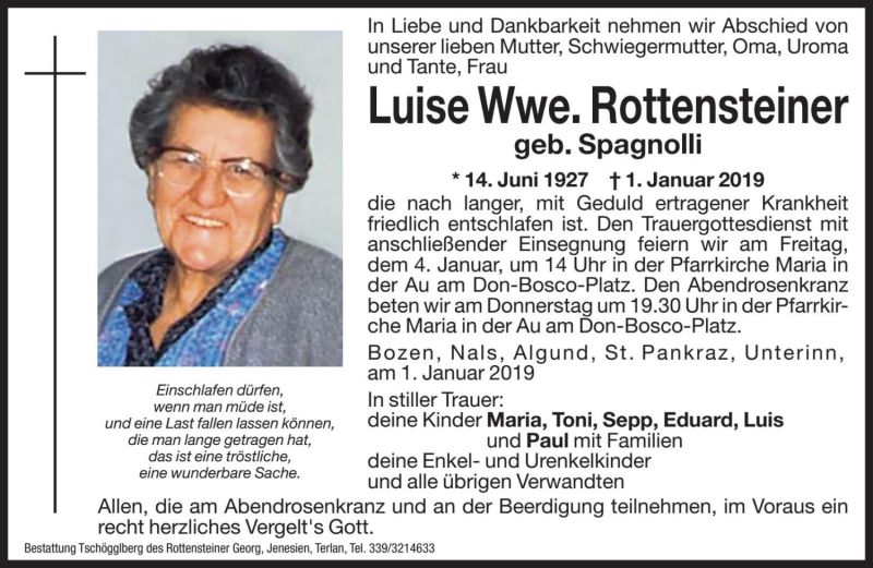  Traueranzeige für Luise Rottensteiner vom 03.01.2019 aus Dolomiten