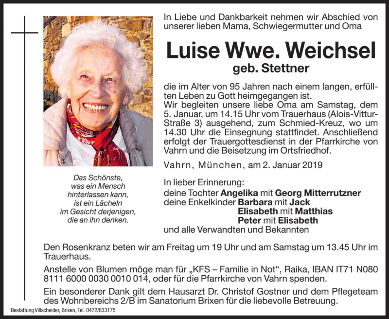  Traueranzeige für Luise Weichsel vom 04.01.2019 aus Dolomiten