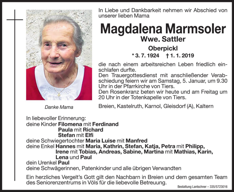  Traueranzeige für Magdalena Sattler vom 03.01.2019 aus Dolomiten