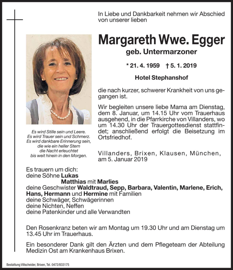 Traueranzeige für Margareth Egger vom 07.01.2019 aus Dolomiten