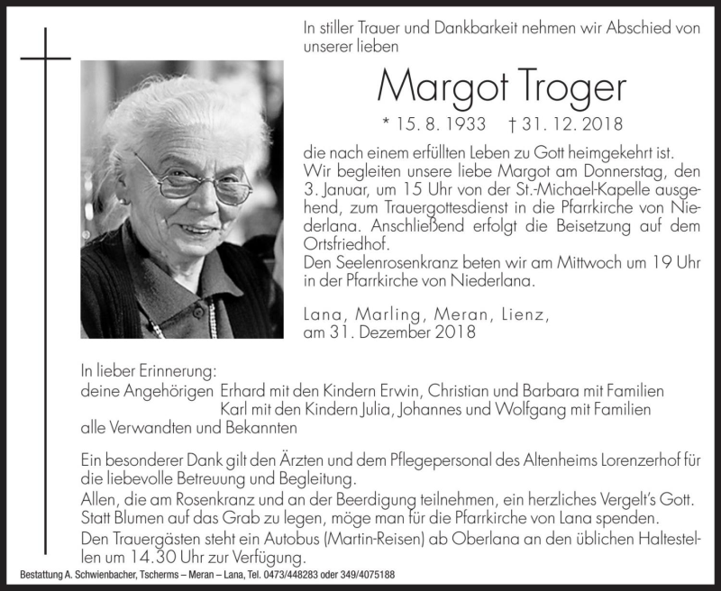  Traueranzeige für Margot Troger vom 02.01.2019 aus Dolomiten