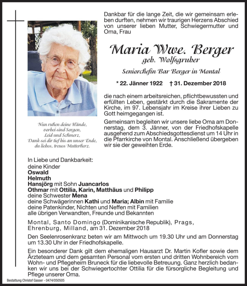  Traueranzeige für Maria Berger vom 02.01.2019 aus Dolomiten