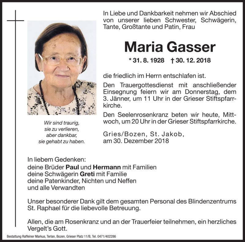  Traueranzeige für Maria Gasser vom 02.01.2019 aus Dolomiten