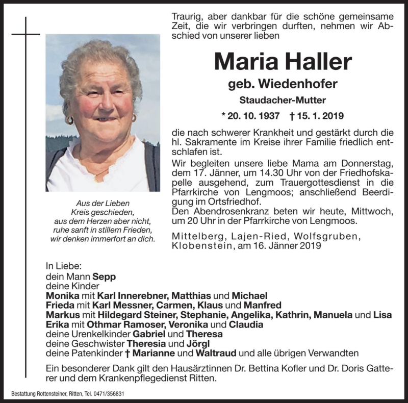  Traueranzeige für Maria Haller vom 16.01.2019 aus Dolomiten
