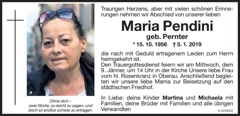  Traueranzeige für Maria Pendini vom 08.01.2019 aus Dolomiten