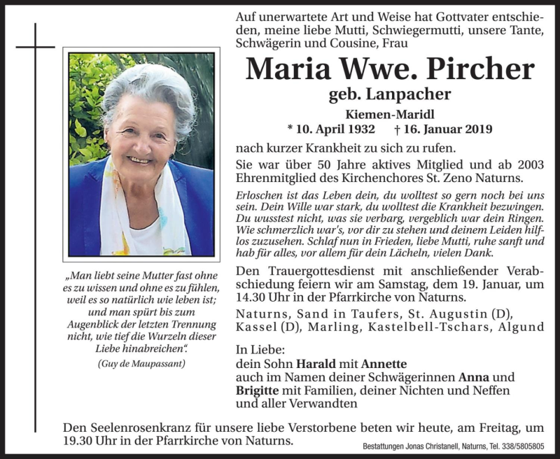  Traueranzeige für Maria Pircher vom 18.01.2019 aus Dolomiten