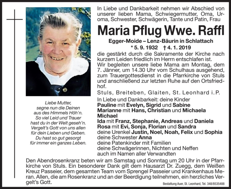  Traueranzeige für Maria Raffl vom 05.01.2019 aus Dolomiten