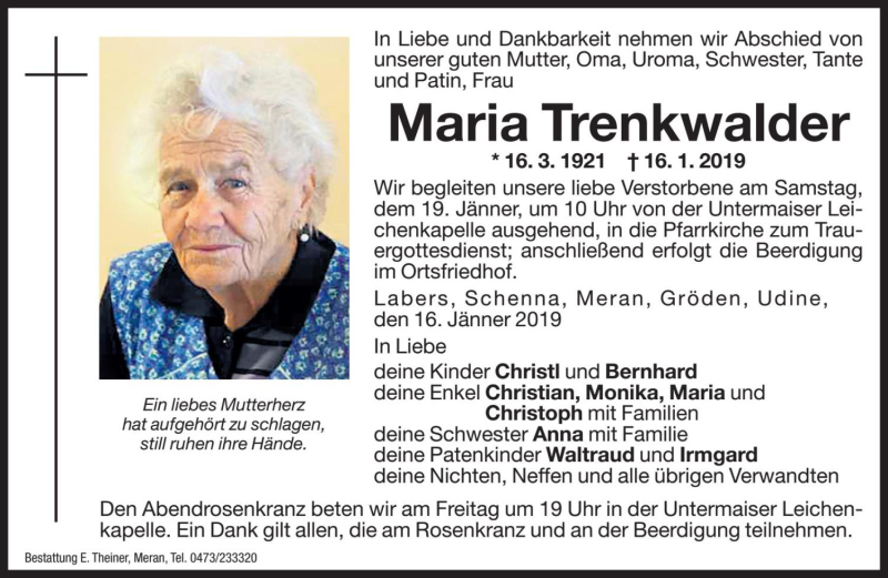  Traueranzeige für Maria Trenkwalder vom 18.01.2019 aus Dolomiten