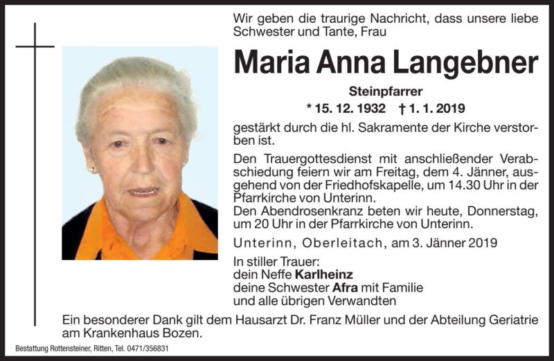  Traueranzeige für Maria Anna Langebner vom 03.01.2019 aus Dolomiten