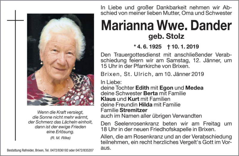  Traueranzeige für Marianna Dander vom 11.01.2019 aus Dolomiten