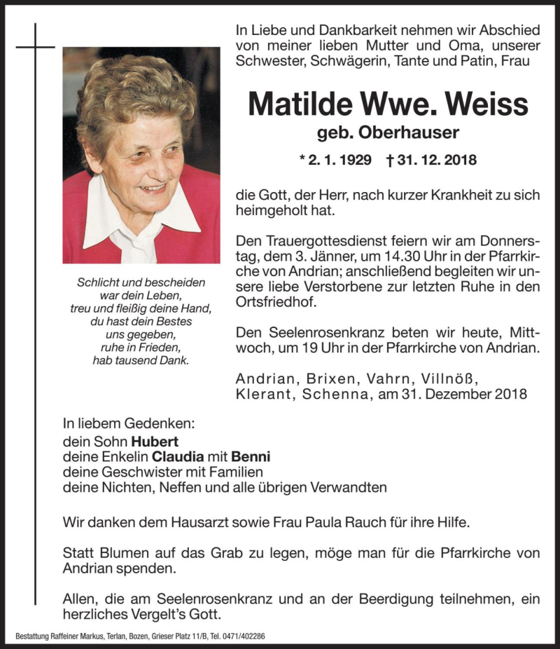  Traueranzeige für Matilde Weiss vom 02.01.2019 aus Dolomiten