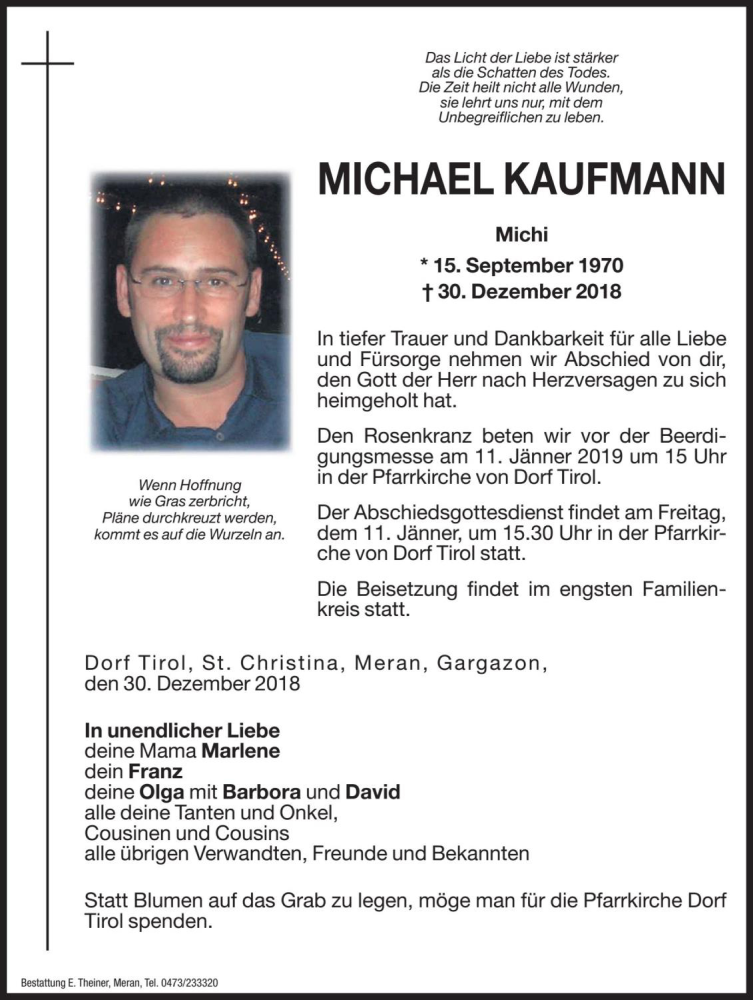  Traueranzeige für Michael Kaufmann vom 10.01.2019 aus Dolomiten