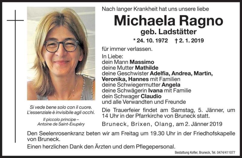  Traueranzeige für Michaela Ragno vom 04.01.2019 aus Dolomiten