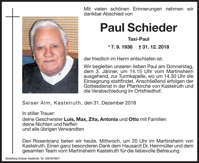  Traueranzeige für Paul Schieder vom 02.01.2019 aus Dolomiten