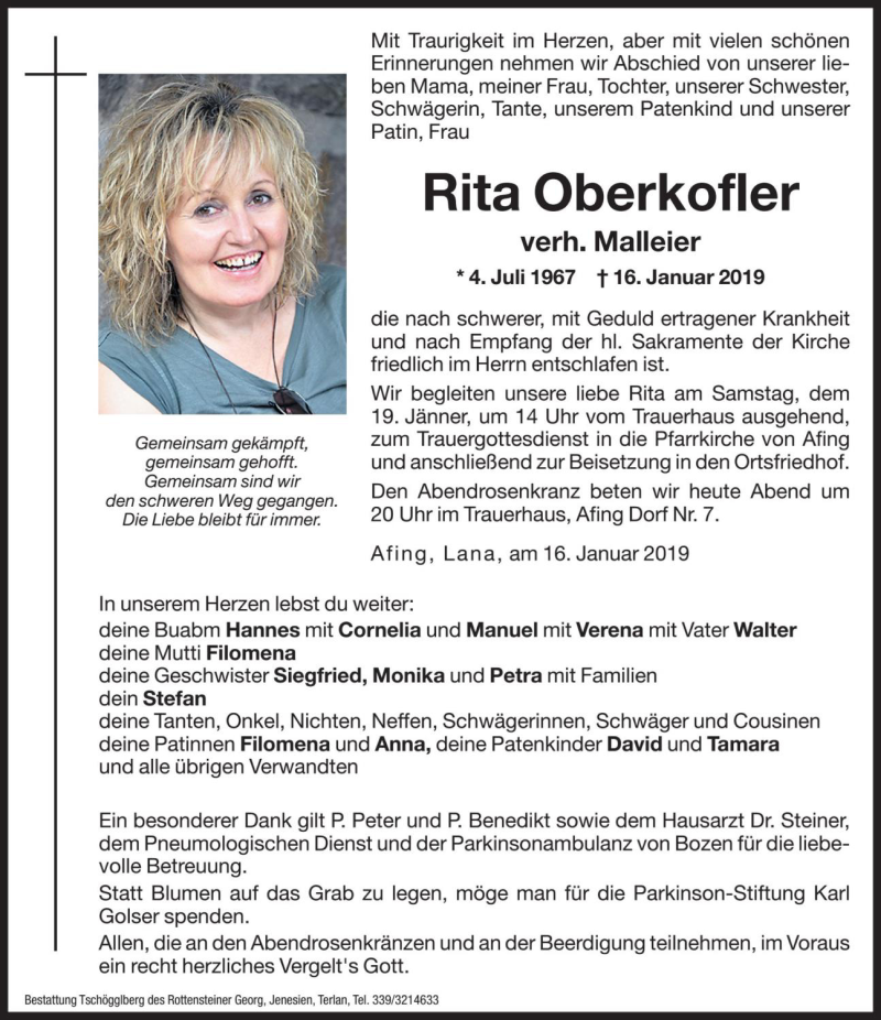  Traueranzeige für Rita Malleier vom 18.01.2019 aus Dolomiten